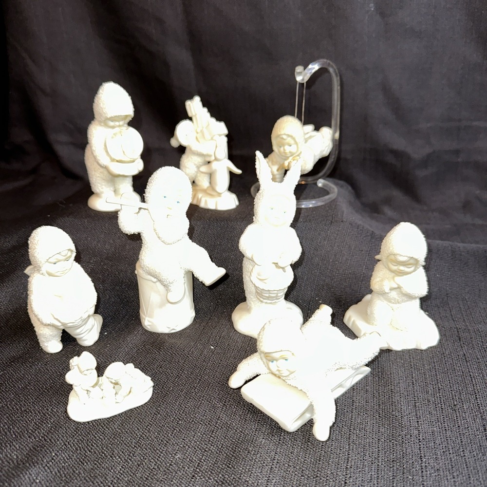 Lot Of 9 Dept 56 Snow Babies Figurines Christmas  Sled Holiday Snowglobe